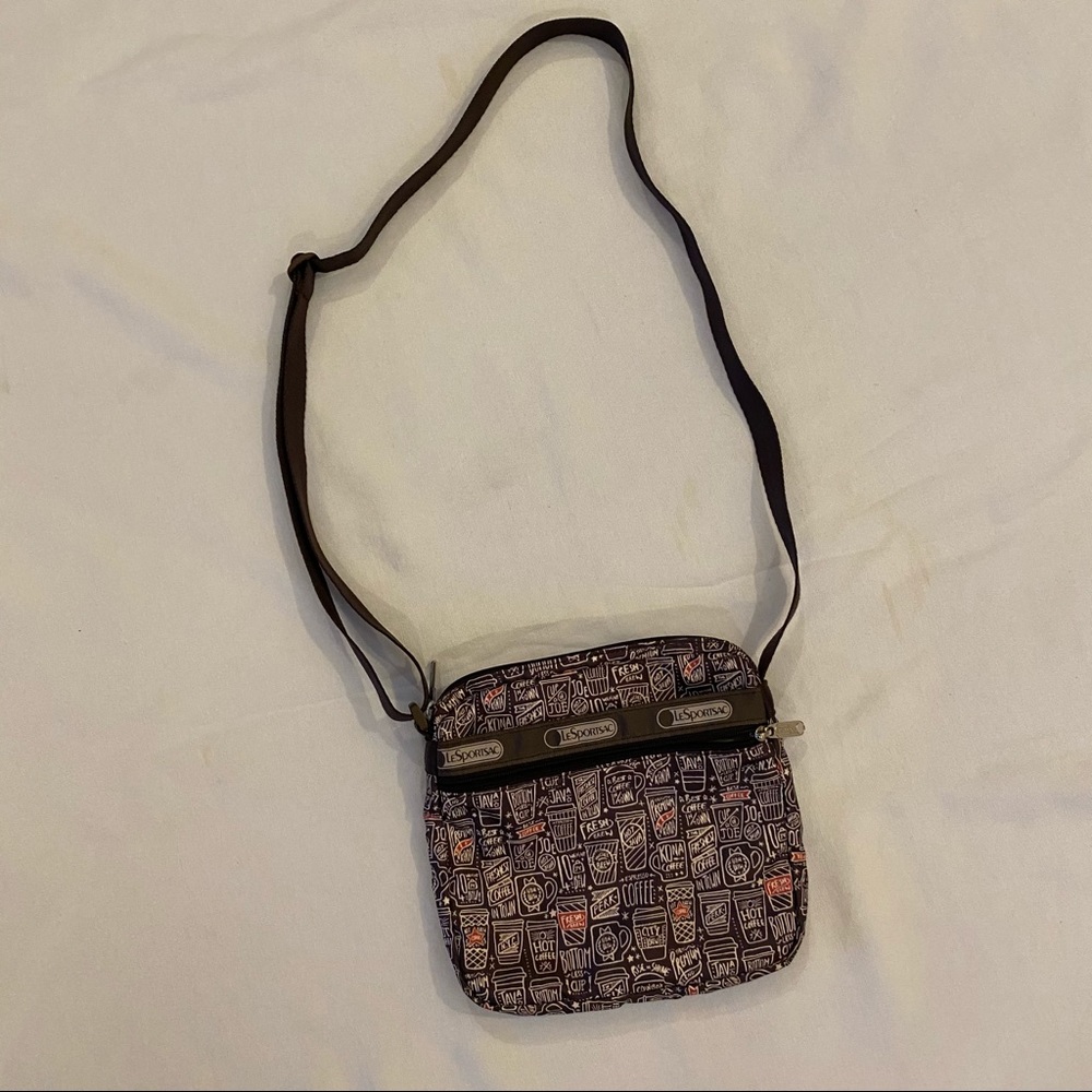 LESPORTSAC Coffee Graphic Crossbody Bag Purse 8x8”